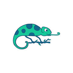 Chameleon isolated on white background. Cute cartoon character green chameleon. Hand drawn illustration. Vector doodle sketch for children, kids, baby. Childrens picture for packaging, textiles fabric