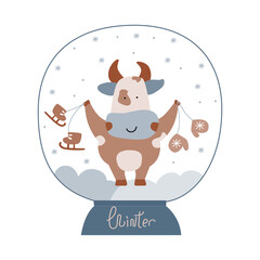 Vector illustration on the theme of the New Year..Vector illustration of a snow globe with a cute bull. Poster, postcard, printable.