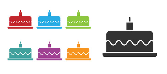 Black Cake with burning candles icon isolated on white background. Happy Birthday. Set icons colorful. Vector.