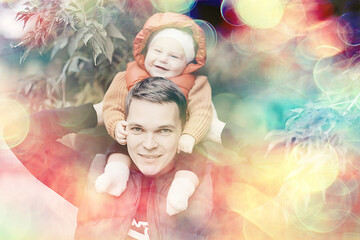 baby dad on his shoulders / family care fatherhood, dad and son, family happiness walk