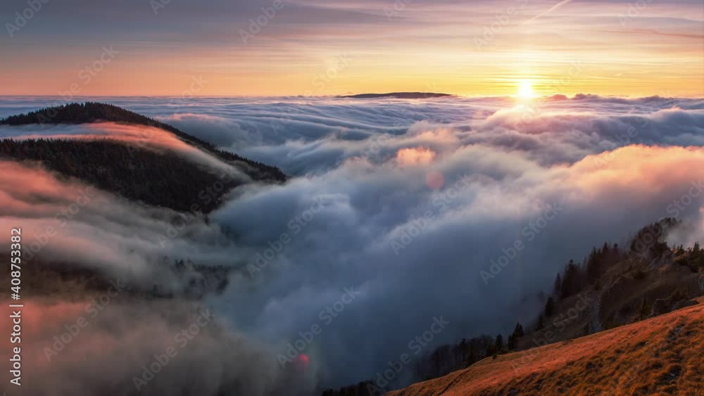 Wall mural sunset in the autumn mountains above the clouds during the weather inversion fatra mountains in slov