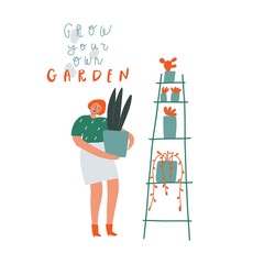 Fototapeta premium Woman with plant in the flower pot, shelving with flower, handwritten text. Vector illustration
