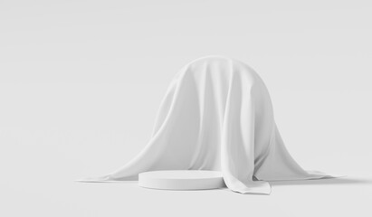 White fabric and product background stand or podium pedestal on advertising display with blank backdrops. 3D rendering.