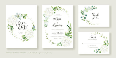 Wedding Invitation card, save the date, thank you, rsvp template. Vector. White lily, Hydrangea with greenery flower. - obrazy, fototapety, plakaty