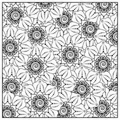 Fototapeta premium Outline square floral pattern in mehndi style for henna, mehndi, tattoo, decoration. decorative ornament in ethnic oriental style. doodle ornament. outline hand draw illustration. coloring book page.