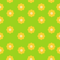 Seamless pattern of simple yellow flowers with a light middle on a bright green background, spring blooming for design