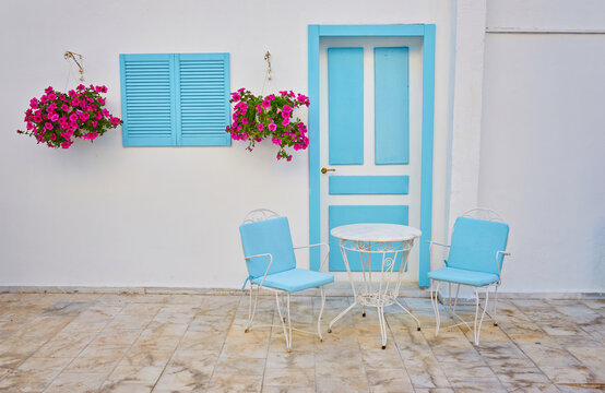 Pink Bougainvillea Flowers and Old Blue Door at Bodrum.