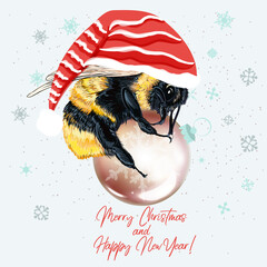Christmas vector illustration bumble bee holding bauble, fashion concept