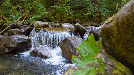 Fototapeta premium Mountain waterfall on a stream in the mountains with a forest, mountain landscape, wallpaper, background, postcard