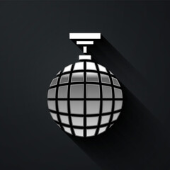 Fototapeta premium Silver Disco ball icon isolated on black background. Long shadow style. Vector.