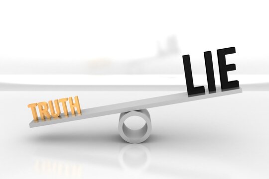 3D illustration of a balance where a small truth outweighs a big lie