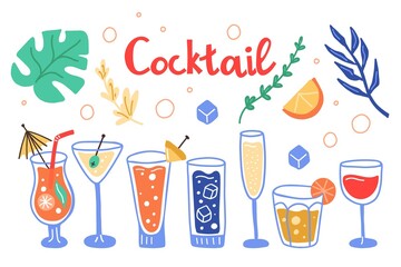 Tropical cocktail set. Hand drawn exotic cold alcoholic beverage on palm leaves background, minimal style bar drinks decoration, doodle trendy vector illustration isolated on white background