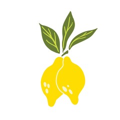 Lemon branch. Exotic tropical yellow citrus fresh fruit, whole juicy lemon with green leaves vector cartoon minimalistic style isolated illustration. Print or banner, label or poster, sticker