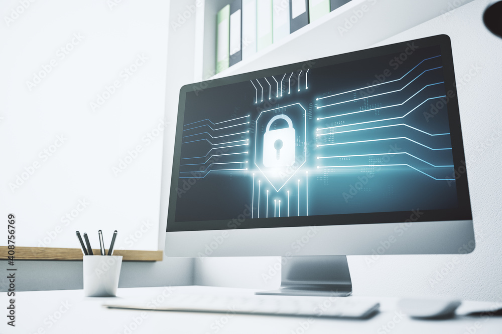 Poster creative lock sketch with chip hologram on modern computer monitor, protection of personal data conc