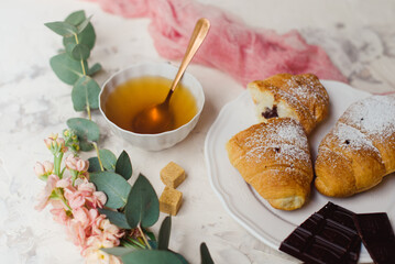 Breakfast with fresh croissants