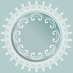 Round vector light blue and white frame with floral elements and arabesques. Pattern with arabesques. Fine greeting card