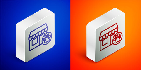 Isometric line Veterinary medicine hospital, clinic or pet shop for animals icon isolated on blue and orange background. Vet or veterinarian clinic. Silver square button. Vector.