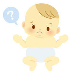 おむつ姿で困った表情の赤ちゃん＿吹き出し＿ベビー全身イラスト103
