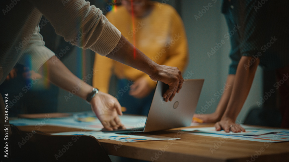 Fototapete close up of diverse multiethnic team having conversation in meeting room in a creative office. colle