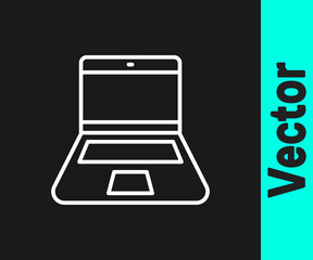 White line Laptop icon isolated on black background. Computer notebook with empty screen sign. Vector.