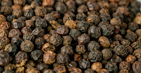Black pepper grains as background close up.