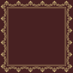 Classic vector square golden frame with arabesques and orient elements. Abstract golden ornament with place for text. Vintage pattern