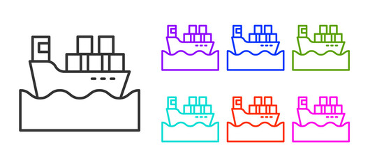 Black line Cargo ship with boxes delivery service icon isolated on white background. Delivery, transportation. Freighter with parcels, boxes, goods. Set icons colorful. Vector.