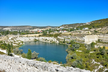 top view of the blue lake in the stone quarry, blue lake, flooded stone quarry