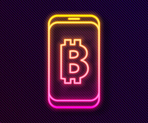 Glowing neon line Mining bitcoin from mobile icon isolated on black background. Cryptocurrency mining, blockchain technology service. Vector.