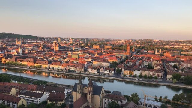 Time-lapse from Wuerzburg. Sunset in the evening hours. View of the historic old town