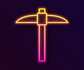 Glowing neon line Pickaxe icon isolated on black background. Blockchain technology, cryptocurrency mining, bitcoin, digital money market, cryptocoin wallet. Vector.