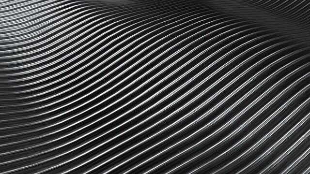 3D rendering closeup abstract black silver and white stripe slicing wavy background. Minimalism illustration concept. 4K motion graphic design footage video