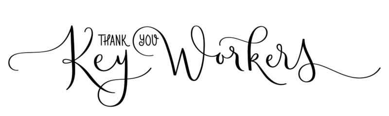 THANK YOU KEY WORKERS black vector brush calligraphy banner with flourishes isolated on white background