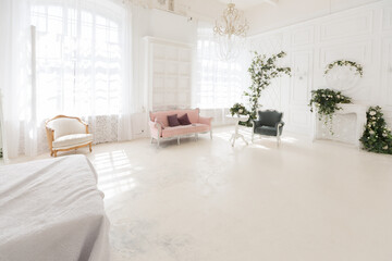 luxury delicate interior of the living room and bedroom in light colors with expensive chic carved furniture in classic style