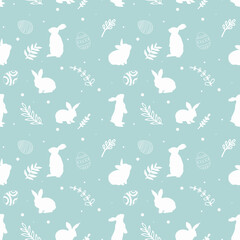 Lovely rabbits with easter eggs and flowers. Cute childish seamless pattern in cartoon style.