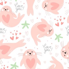 Seamless pattern with cartoon seal. Colorful vector flat style. hand drawing. valentines day. Romantic design for print, wrapper, fabric.