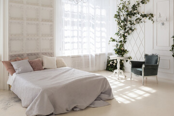luxury delicate interior of the living room and bedroom in light colors with expensive chic carved furniture in classic style