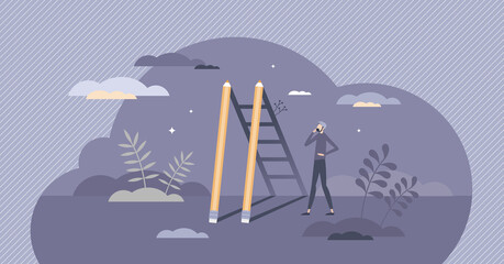 Creative success and stairway to work project achievement tiny person concept