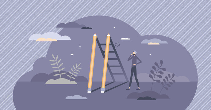 Creative success and stairway to work project achievement tiny person concept