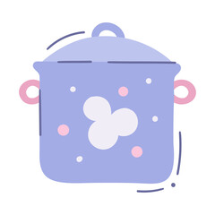Cartoon baby food saucepan with lid and two knobses. Lidded cooking pan - vector isolated illustration in hand drawn style. Kitchen enamelled pan, simple drawing