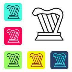 Black line Harp icon isolated on white background. Classical music instrument, orhestra string acoustic element. Set icons in color square buttons. Vector.