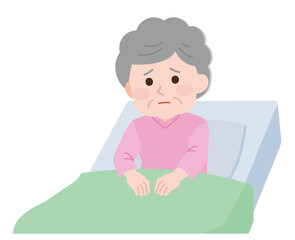 入院　不安な入院患者の高齢女性　イラスト