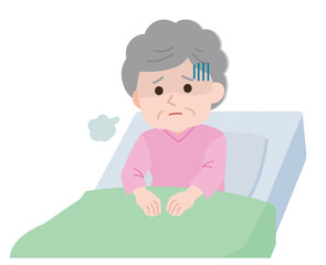 入院　不安でため息をつく入院患者の高齢女性　イラスト