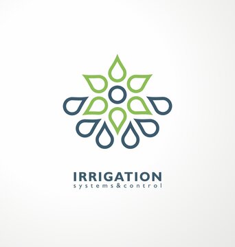 Irrigation logo idea with green plant and water drops. Agriculture industry logo symbol. Farming and agronomy vector icon design. 