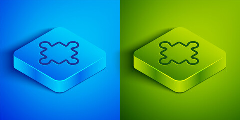 Isometric line Puzzle pieces toy icon isolated on blue and green background. Square button. Vector.