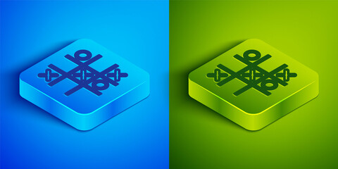 Isometric line Tic tac toe game icon isolated on blue and green background. Square button. Vector.