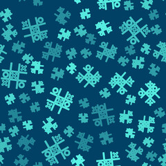 Green line Tic tac toe game icon isolated seamless pattern on blue background. Vector.