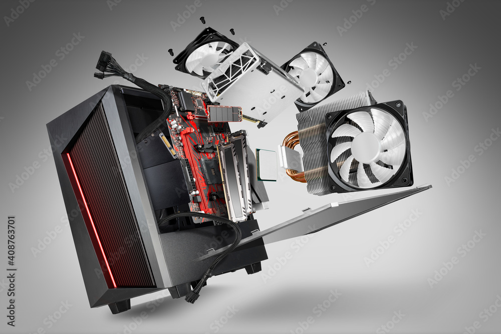 Aufkleber exploded view of a modern computer. hardware components mainboard cpu processor graphic card ram cab