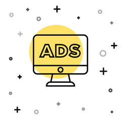 Black line Advertising icon isolated on white background. Concept of marketing and promotion process. Responsive ads. Social media advertising. Random dynamic shapes. Vector.