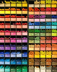 Fototapeta na wymiar Assortment of colored pencils and markers in the store